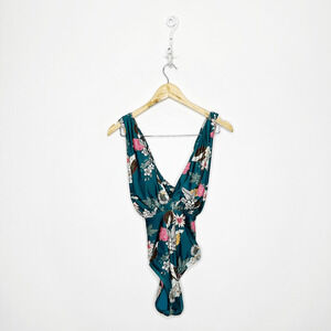 MODCLOTH The Lauren One Piece Swimsuit Teal FLORAL retroo womens s SMALL
